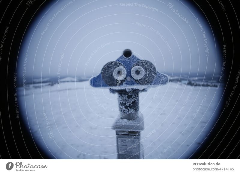 Icy binoculars in winter vignette Winter icily outlook Future Snow Ice Frozen Frost Cold Nature Weather Binoculars Vantage point see Winter's day Freeze