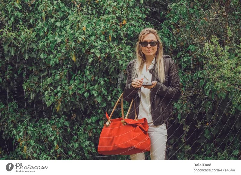 Girl with red suitcase happy for vacation adult adventure attractive background bag beautiful emotion girl grey hiker hiking holiday journey model nature