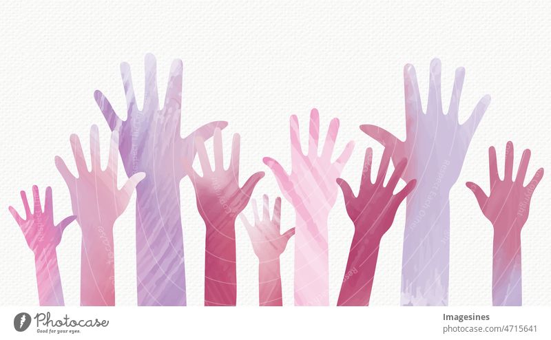 many hands raised on white texture background. People group with arms raised. Flat illustration Arm Art Support backgrounds celebration next love Colour