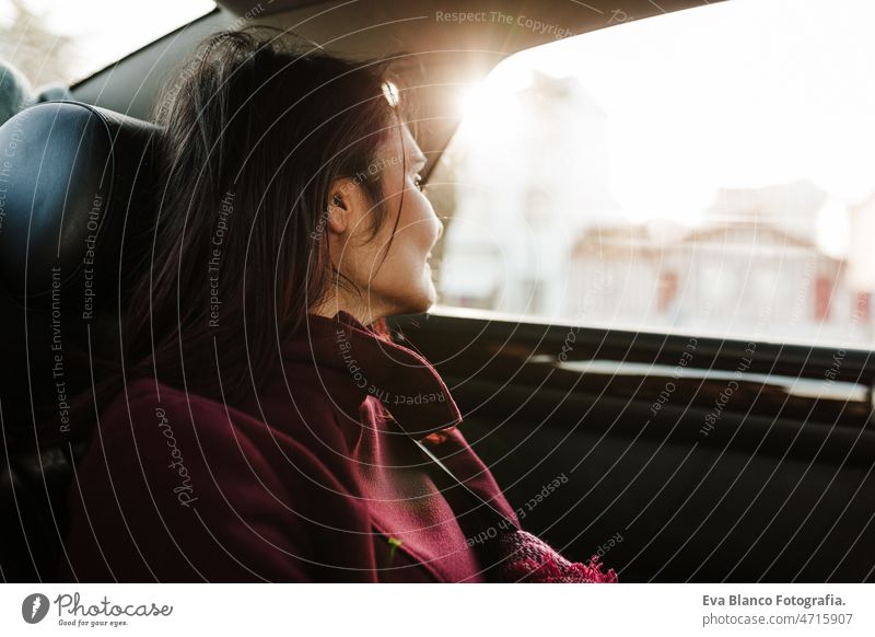 relaxed woman in car st sunset. travel concept enjoy tourist transport caucasian 30s lifestyle vibe journey sunlight portrait laugh inside tropical girl summer