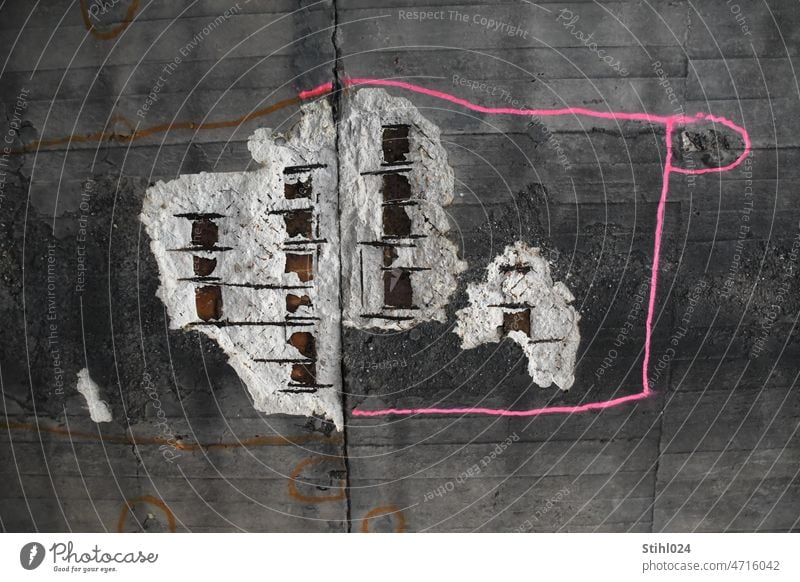 eroded reinforced concrete with rehabilitation marking Reinforced Concrete concrete ceiling Steel reinforcing steel reinforcement steel Decline Erosion Broken