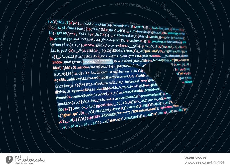 Cyber security. Screen with program code. Using computer and programming to break code. Person using technology to steal password and private data cyber privacy