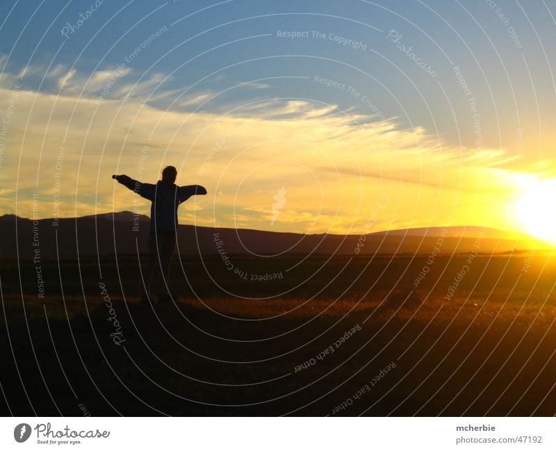 Flying Miri Iceland Sunset Back-light Grass Meadow Clouds Woman Hard Panorama (View) Mountain Landscape Human being Sky girl. contrast Large