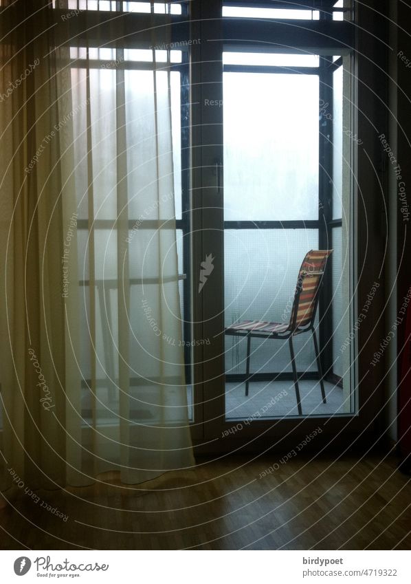 Garden chair on glazed balcony with curtain Balcony Glass Window Drape Deserted Curtain Day Living or residing Light silent Apartment Apartment Building Rain