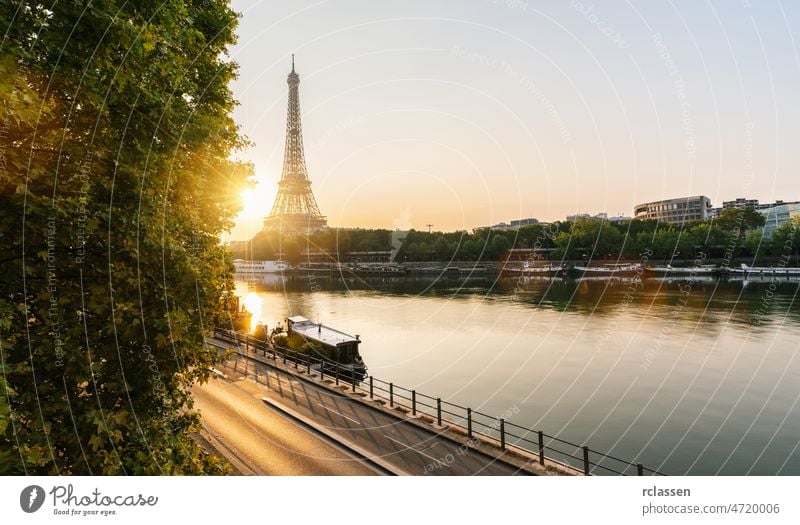 Eiffel tower view at sunrise, Paris. France paris eiffel landmark france skyline europe summer seine travel sunset street road romantic city river bridge