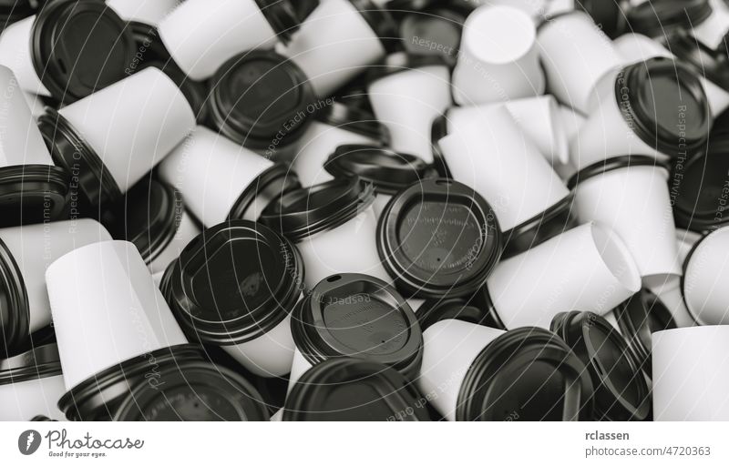 Heap of many empty white to go coffee cups paper coffee mug pile cardboard background trash paper cup black banner box concept difference disposable