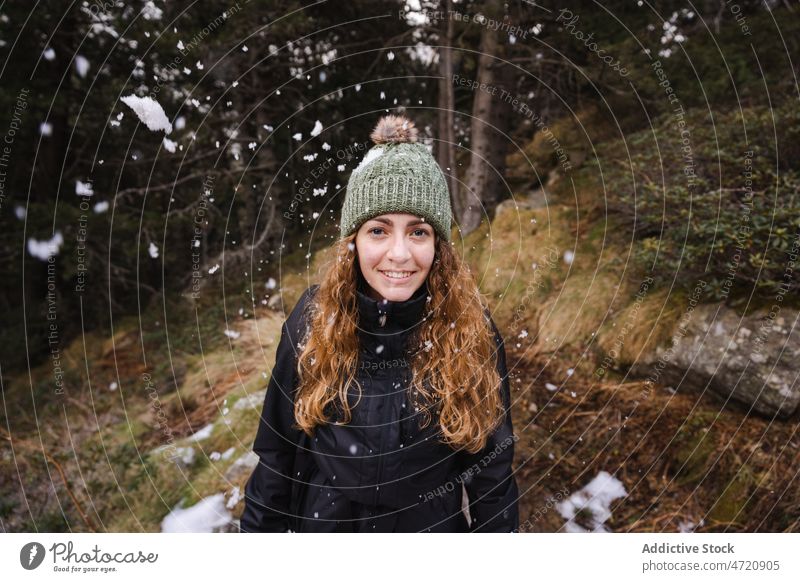 Portrait Cheerful woman hiking in nature traveler hiker trekking adventure journey explore pastime leisure trip activity wanderlust explorer tourist active