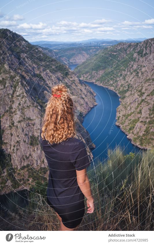 Woman hiker standing and looking at Sil Canyon woman traveler admire canyon observe mountain nature deck amazing female lady adventure viewpoint journey