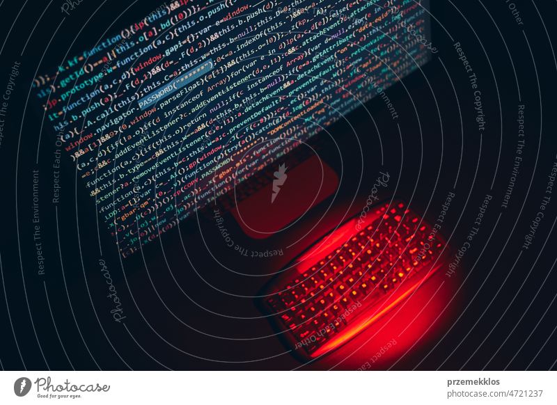 Cyber security. Program code on screen. Using computer and programming to break code. Cyber security threat. Internet and network security. Stealing private information