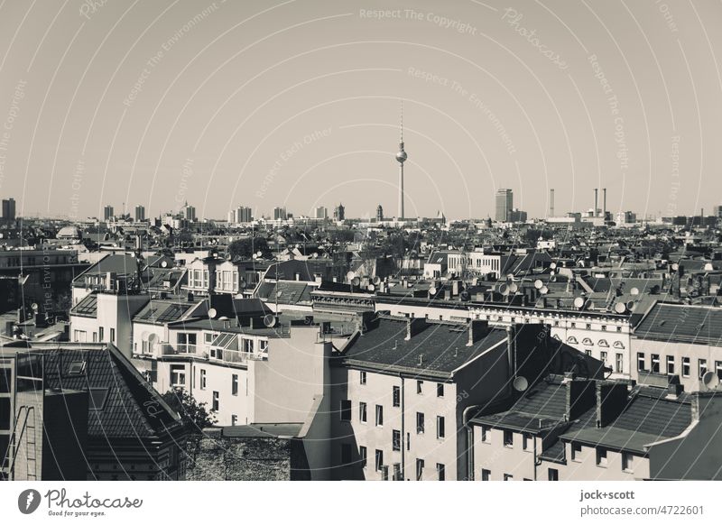 Panorama with view of the TV tower Vantage point Television tower Neukölln Panorama (View) Berlin TV Tower Quarter City Neutral Background Cloudless sky Roof