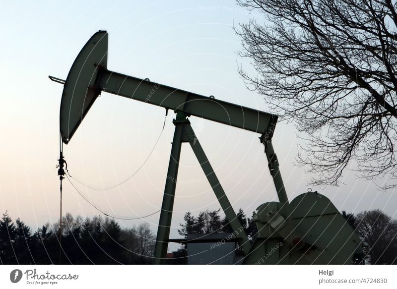 Oil pump in evening light Petroleum pump Oil production Deep pump horse head pump Boom depth pump Oilfield Oil extraction Emsland Tree Sky Exterior shot