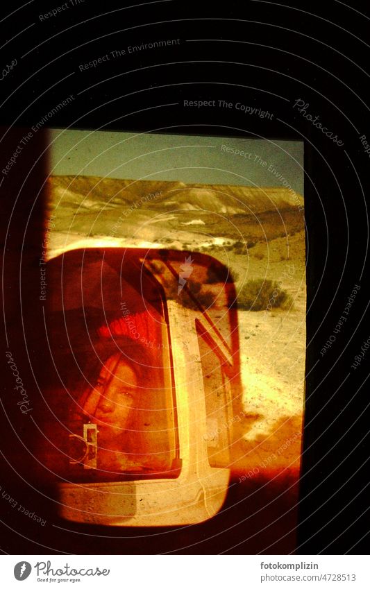 analog selfie Selfie Rear view mirror Woman Self-portrait Mirror image Retro Scan creatively Desert Collage experimental Identity Dream camera Double exposure