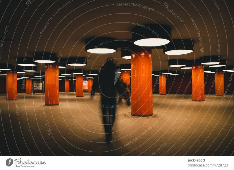 Orange background Architecture Retro 70s Design Berlin Public Tile Column Lighting motion blur Shadow Underpass Lanes & trails Underground Artificial light