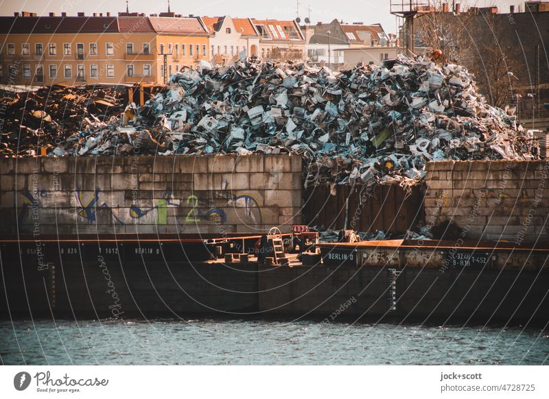 the junkyard and the city Scrapyard Scrap metal Metal Recycling Sorting moabit berlin animal garden Westhafen Harbour Housefront pile of scrap Scrap parts Part