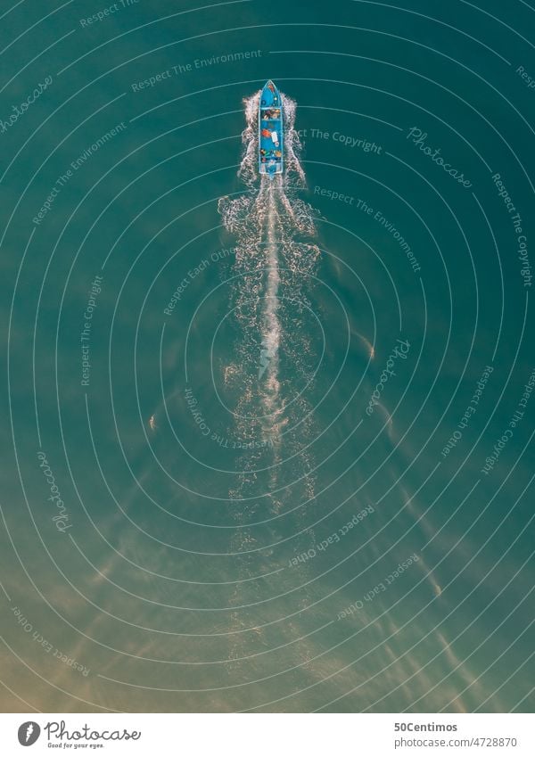 Small fishing boat on the sea from above Pacific Ocean ocean Empty Blue on one's own Relaxation Beautiful weather Far-off places Freedom Summer Water