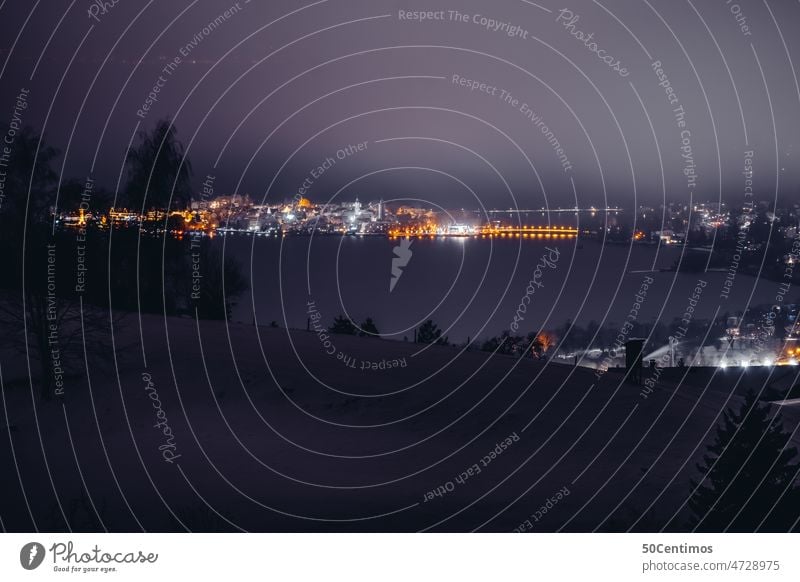 Lindau by night Germany Lindau island Night photography Town clearer Exterior shot Colour photo Water Deserted Lake Constance Evening Blue Copy Space top Winter