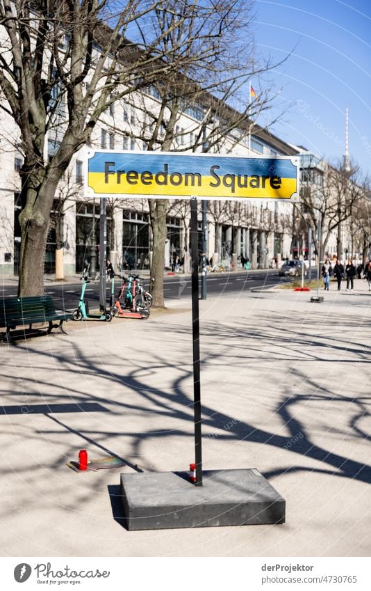 Sign against Ukraine war in front of Russian embassy in Berlin Berlin Centre Abstract Capital city Copy Space right Copy Space left Copy Space bottom