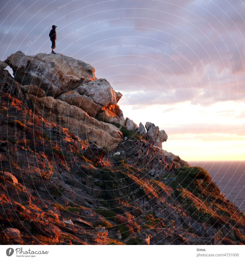 Color Contest | Morning Light Rock Man coast morning sun Ocean travel In transit Sky Clouds hikers Stand Observe early morning light sunny reddishly stones