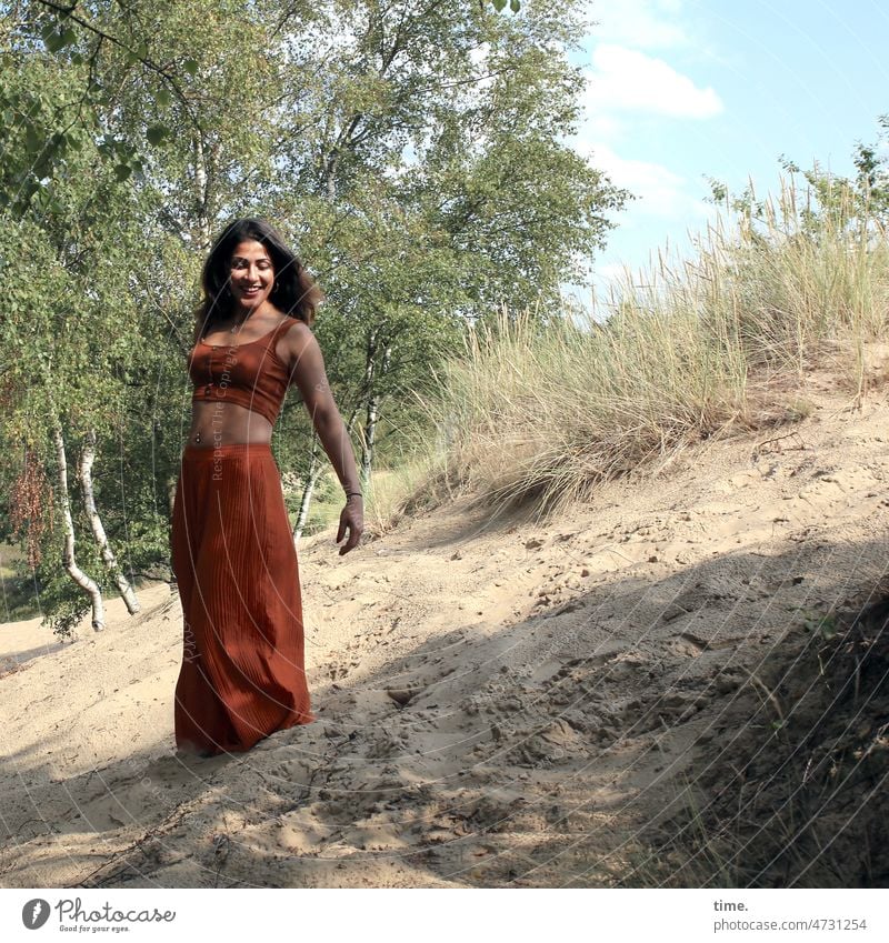 Woman in summer Feminine Elegant Sand birches Grass sunny Shadow Long-haired Dark-haired Laughter Good mood Ease fun cheerful