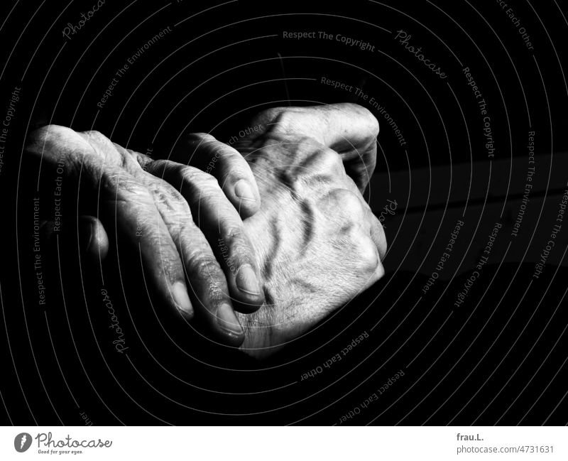 Hands in the dark Man hands Veins Sunlight Old wrinkled Skin Slim