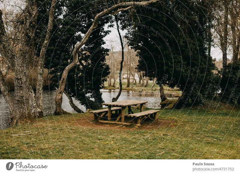 Picnic area in riverside Picnic bench Green Exterior shot Colour photo Summer Nature Deserted Day Meadow River Leisure and hobbies leisure travel Resting