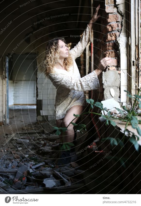 lost place woman move Woman Dancer feminine Dress lost places Long-haired Blonde rubbish condemned house tiles Broken Curl Shaft of light Building rubble