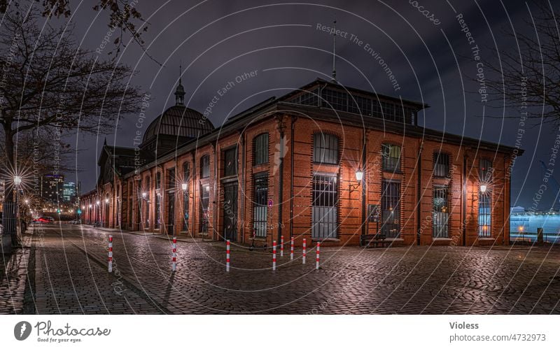 Fish auction hall at night Fish market Hamburg Night Illuminated Paving stone Elbe Long exposure Altona St. Pauli Basilica Harbour Dark