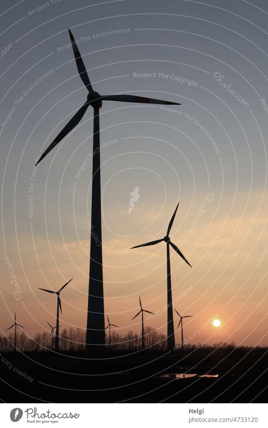 several wind turbines in front of setting sun Pinwheel Wind energy plant Energy Energy generation Power Generation alternative energy Alternative