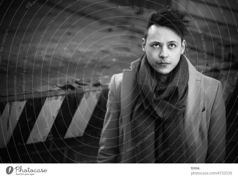 the view Man Coat Scarf hairstyle Looking Upward Roadblock portrait Forward Actor Ramp Elegant