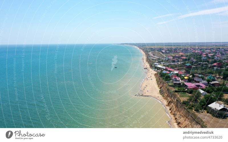 Panorama of sea shore in South Ukraine, Europe. Resort city with nice sand beach and clear blue sea. travel destination, ideal place for comfort vacation on black Sea. Drone photo