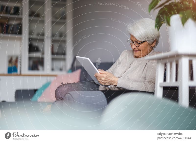 Senior woman using a digital tablet at home online internet modern technology communication connection living room glasses eyeglasses spectacles alone