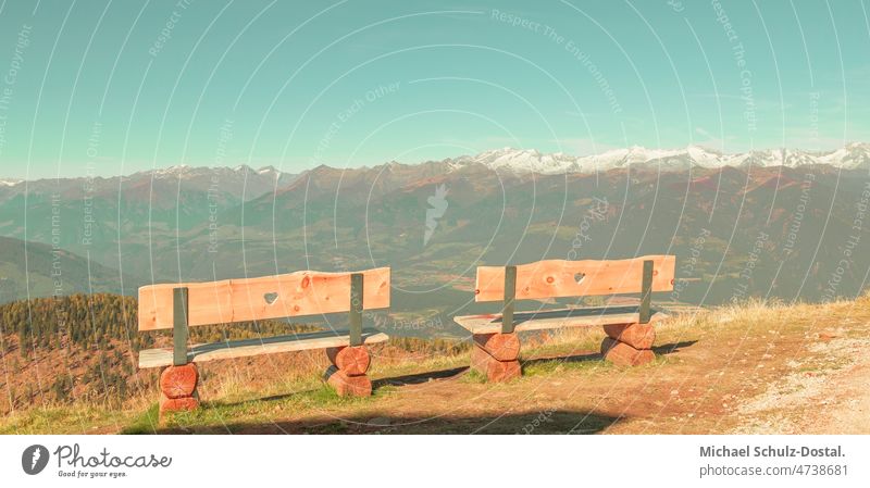 Two benches with view in high mountains South Tyrol Alps Clouds alpine panorama Dramatic Idyll idyllically Moody hike hill clouds dramatic mood sky