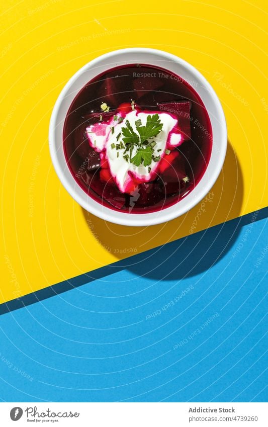 Traditional delicious borscht soup beetroot potato onion traditional ukrainian ukraine russia meal cuisine culture culinary gastronomy flag serve tasty dish