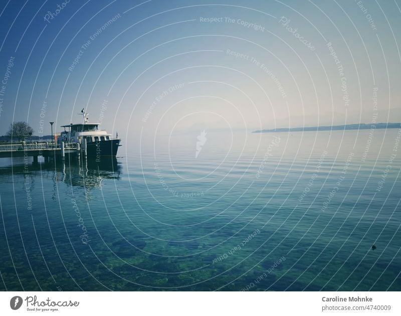 Ship ready for takeoff ship Water boat Maritime Navigation Exterior shot Colour photo Deserted Harbour Watercraft Lake Geneva Nyon Dew Day Blue Tourism