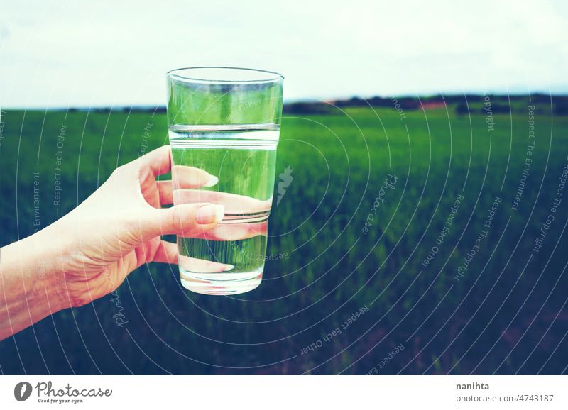 Hnd holding a glass full of pure water in nature abstract weather flower rain purity mineral green natural climate change transparent background grass simple