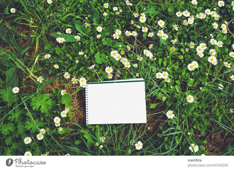 Mock up image in fresh organic texture mock up empty space note paper green nature notebook freshness grass spring springtime design white space negative space