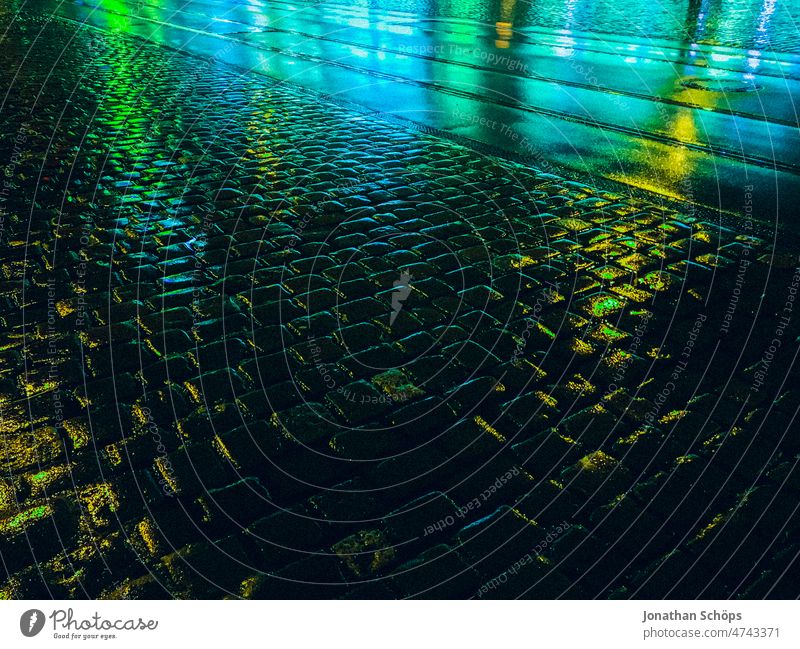 Street at night and rain with colorful lights Reflection Night Rain Wet clearer variegated urban city Town Chemnitz Capital of Culture 2025