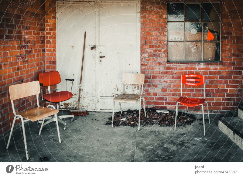 idyllic backyard Backyard Chair chairs stacking chairs Seating Places Break Sit Empty Furniture Seating capacity Workshop Gloomy Red backyard workshop