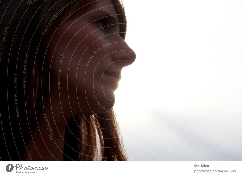 woman Woman Profile Nose Face Silhouette Hair and hairstyles Strand of hair Sunset pretty Warmth Lips Head Shadow Light Back-light Sunlight Feminine portrait