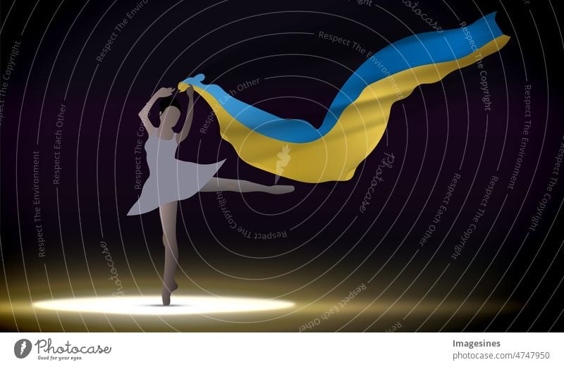 Ballerina woman on dark background. Ballet dancing ballerina woman with Ukrainian flag on stage background. Patriotism and solidarity with Ukraine. Illustration