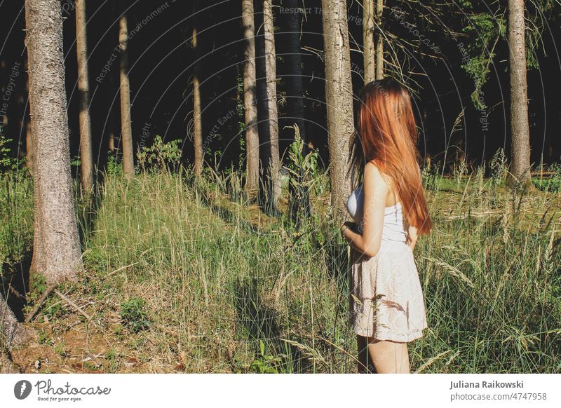 Redhead girl standing in the forest Woman Red-haired Forest Long-haired pretty Feminine Colour photo Human being 1 Adults Youth (Young adults) Young woman