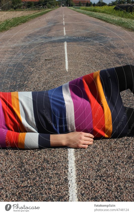 white line in dress continues in white street line Future Line Abstract symbolic Dress Woman frontiers Stripe Traffic lane Street Country road youthful Free