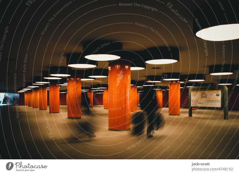 Orange tunnel Architecture Retro 70s Design Charlottenburg Berlin Tile Column Structures and shapes Lighting motion blur Shadow Underpass Subsoil Symmetry