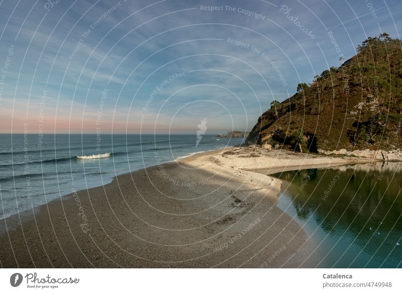 Sea, horizon, rocks, waves breaking on the beach. Light Bay Nature daylight Day Wet Relaxation Swell Sandy beach Elements Vacation & Travel coast Water Calm