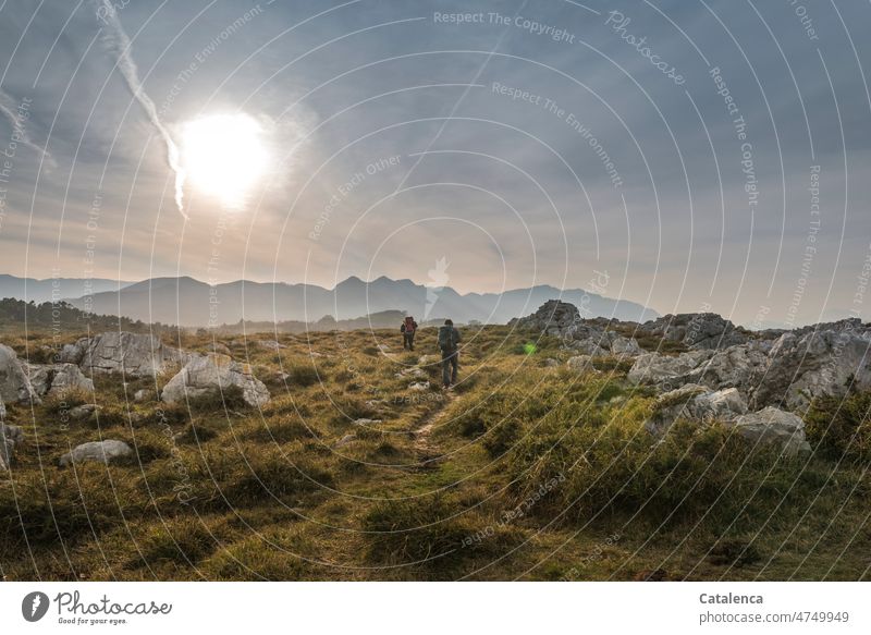 Hikers on a path winding between boulders,it's winter,the sky pale. Environment Rock Mountain Beautiful weather plants vegetation bushes Landscape Horizon Sky