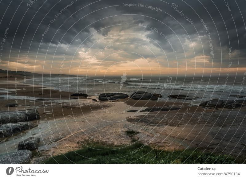 Beach landscape during thundery weather Landscape Waves Ocean White crest Surf Foam Sand Horizon Sky Clouds Water coast Vacation & Travel Elements Sandy beach