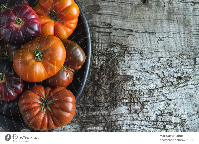 Tray with assorted tomatoes on old wood background. Copy space. plate tray blue sea raf species vegetable fresh purple ripe copy top view white salad vitamins