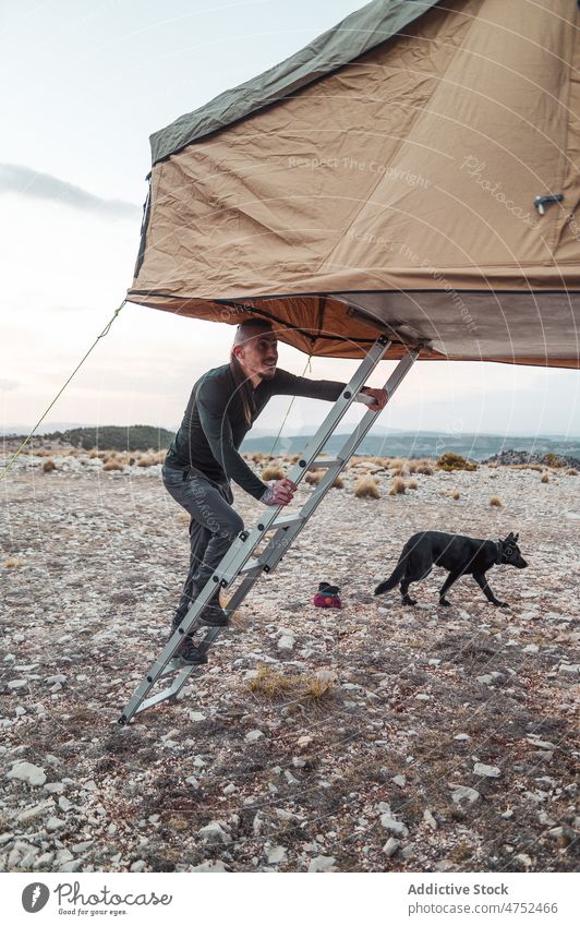 Smiling traveler climbing on ladder in roof tent for camping man hiker adventure journey explore valley trekking explorer tourism wanderlust dog companion