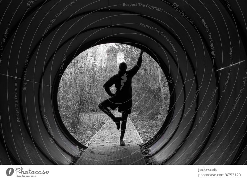 Tree (Vrikshasana) at the end of the tunnel Tunnel tube Silhouette Shadow Tunnel vision Lanes & trails Back-light Human being Contrast Footbridge Architecture