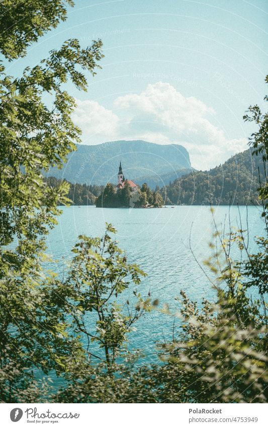 #A0# Lake Bled at noon Slovenia mountain lake Idyll Mountain mountains Mountain range Mountain ridge Island Church Cold chill Nature Landscape Exterior shot